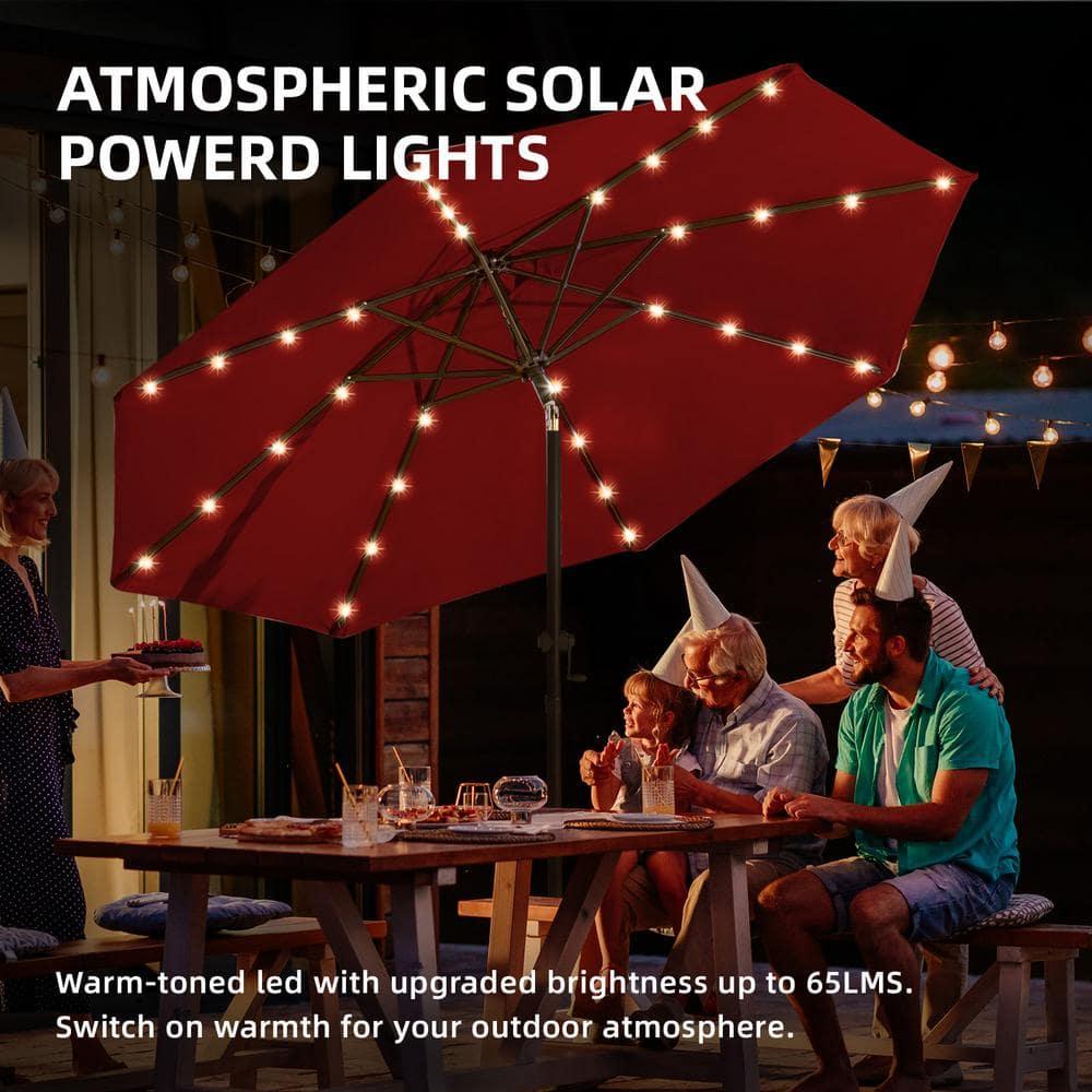 JEAREY Upgrade 9FT LED Lighted Patio Umbrella, Solar Outdoor Umbrella, Tilt Table Umbrella for Pool, Deck & Yard (Red)