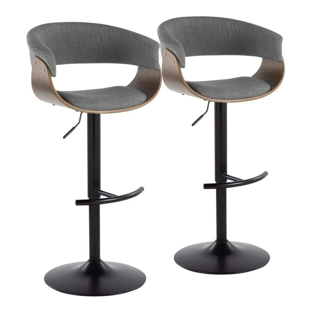 Set of 2 Vintage Modern Adjustable Barstools Black/Walnut/Light Gray - LumiSource: Swivel, Upholstered, Metal Base