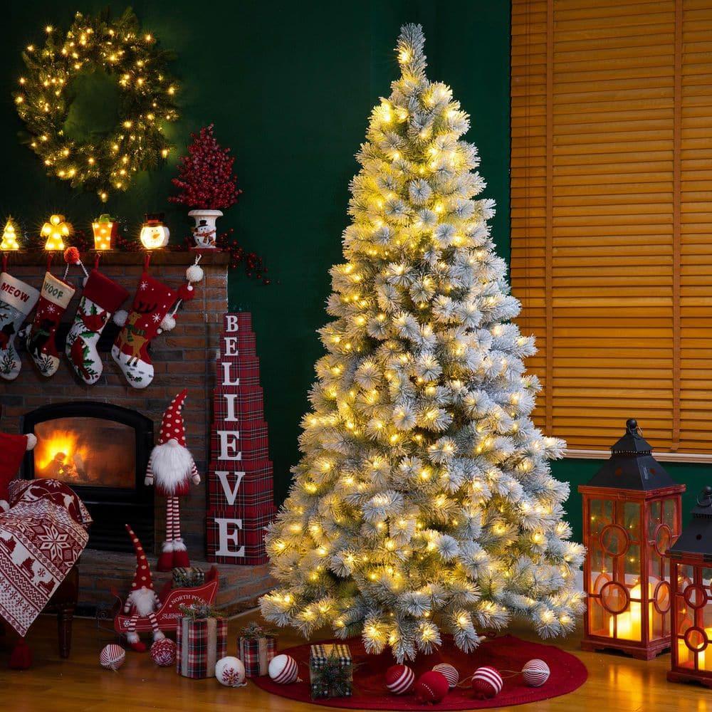 Glitz Design Glitzhome 7.5ft Pre-Lit Snow Flocked Artificial Pine Christmas Tree With 650 Warm White