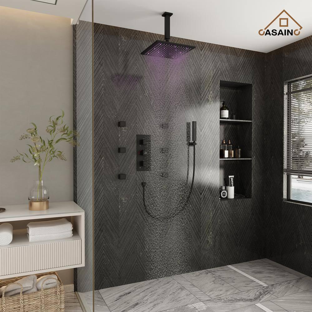 3-Function Luxury Ceiling Mount 12 Inch LED Thermostatic Shower System with 6 Body Jets