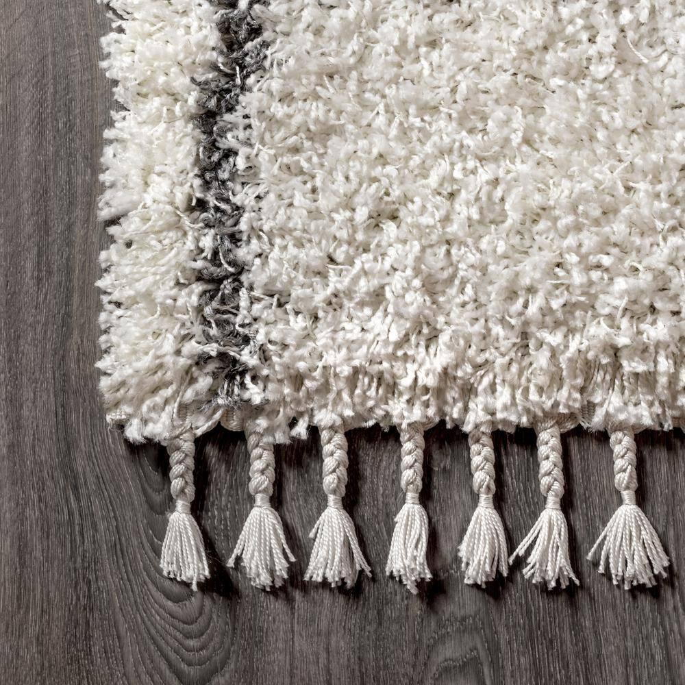 8'x10' Mercer Shag Plush Tassel Moroccan Geometric Trellis Area Rug, Cream/Grey - JONATHAN Y
