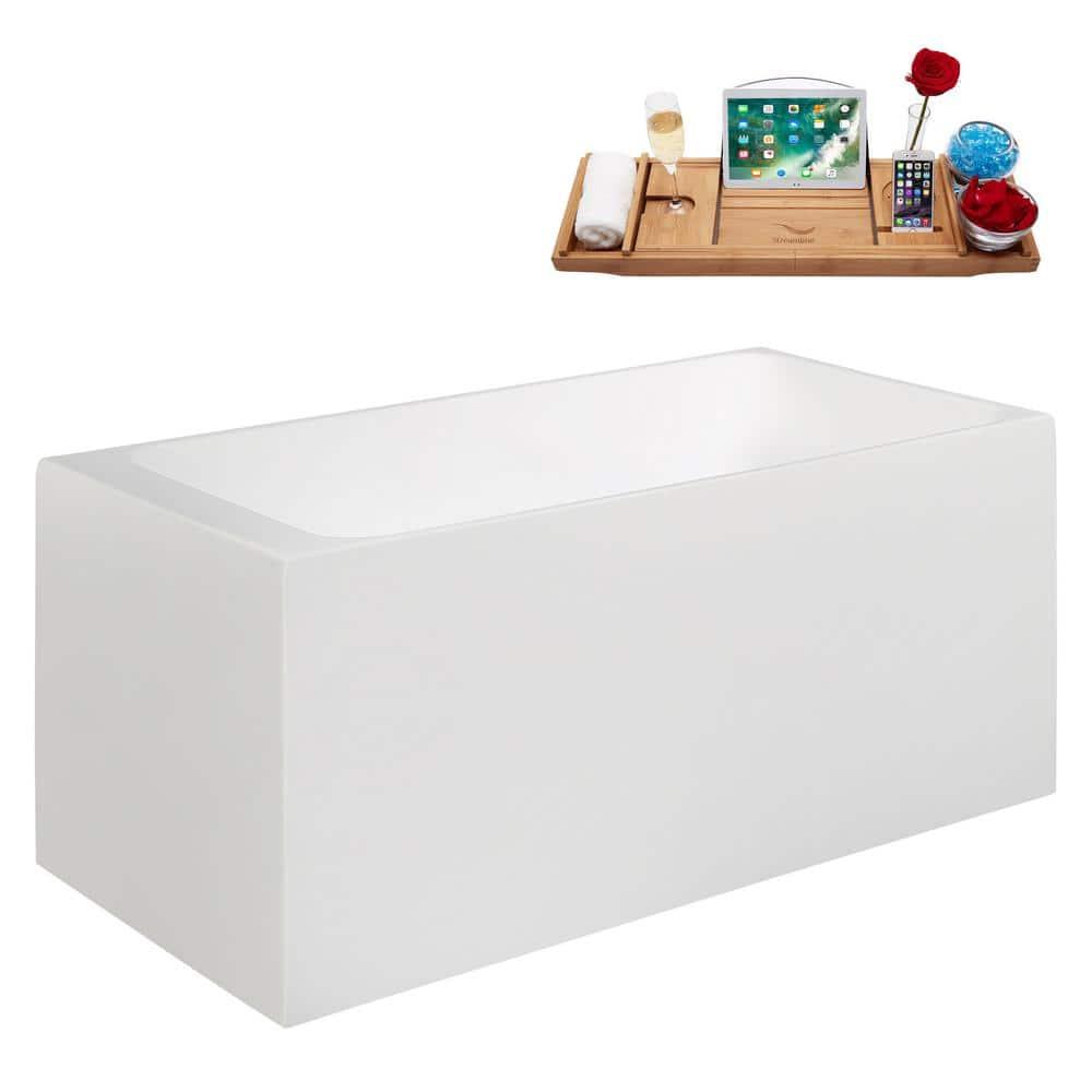 51" Streamline Soaking Glossy White Acrylic Freestanding Bathtub, Bamboo Tray, Drain