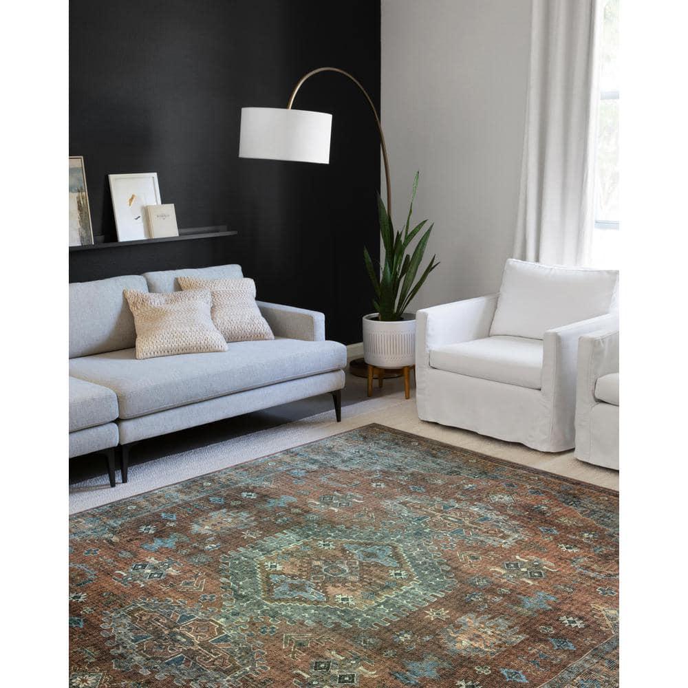 Skye Terracotta/Sky 8 ft. x 8 ft. Round Printed Distressed Oriental Area Rug