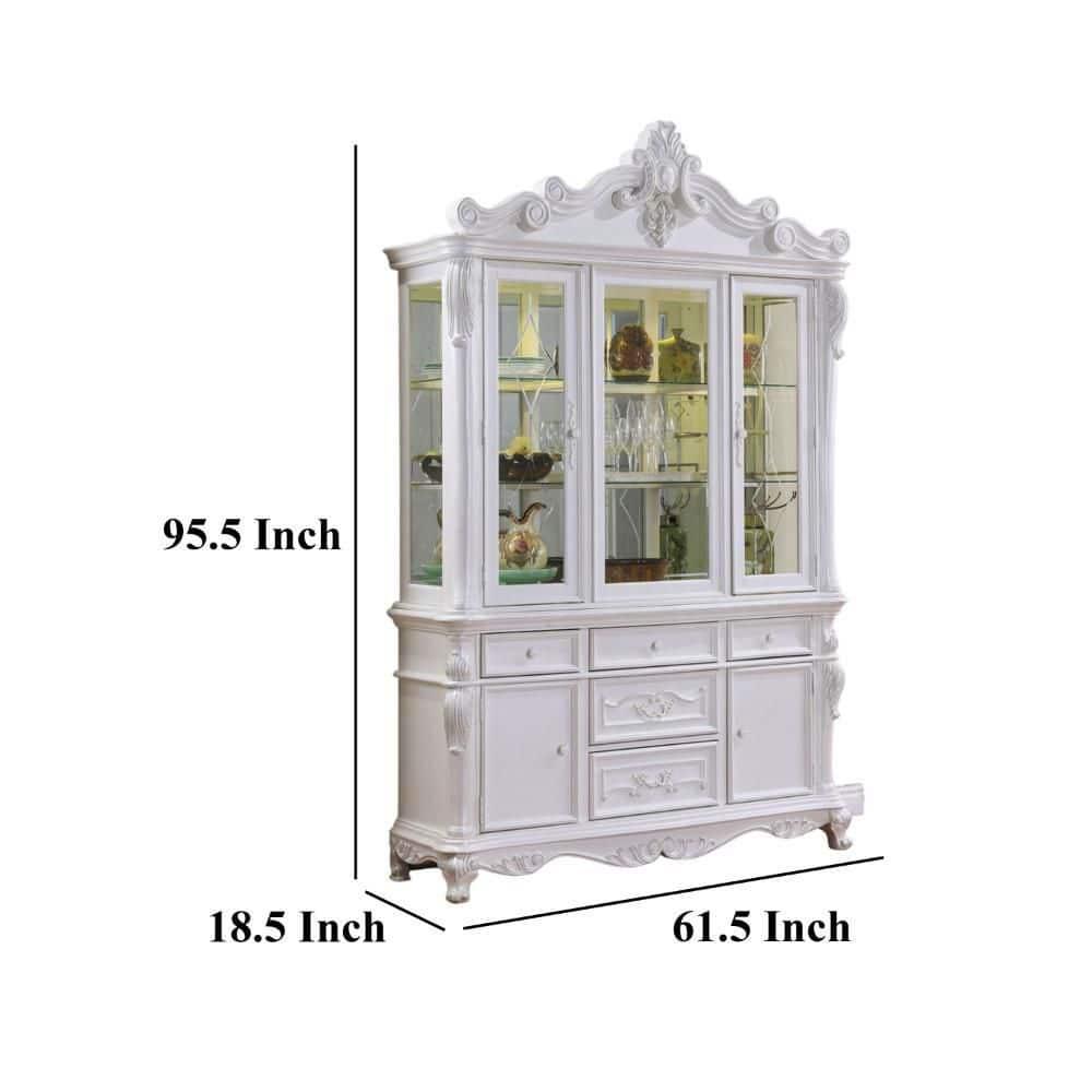 Benjara Zenie Buffet Cabinet and Hutch, Classic Carved Details, White Solid Wood