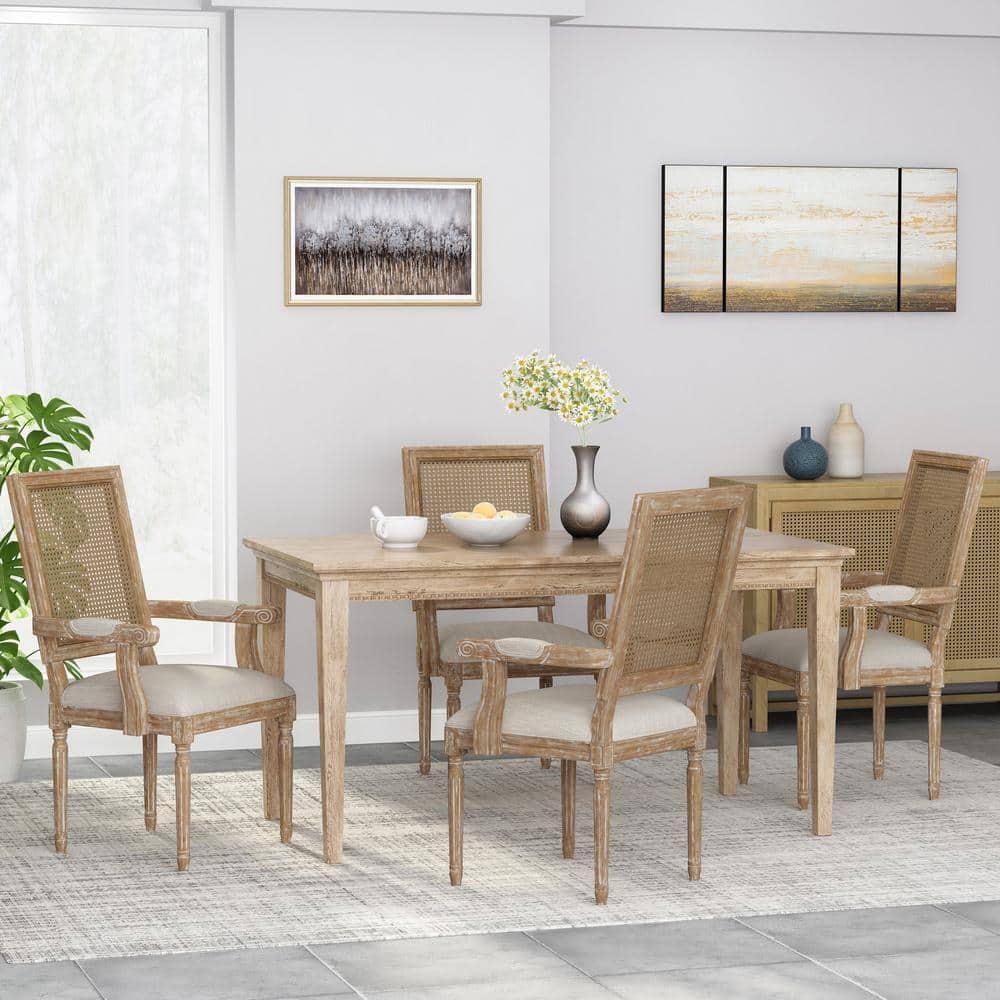 Noble House Aisenbrey Indoor Wood and Cane Upholstered Dining Chair, Set of 4, Beige and Natural