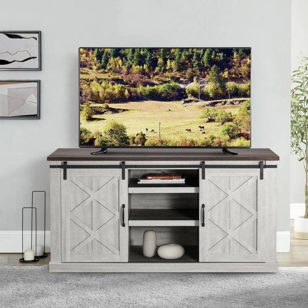 58" TV Stand for TVs up to 65" Saw Cut Off White - Home Essentials: Sliding Barn-Door, Adjustable Shelves