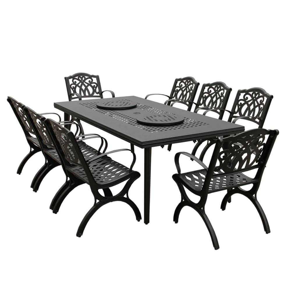 9pc Outdoor Dining Set with 84" Modern Ornate Mesh Aluminum Large Rectangular Table & Luxury Chairs - Black - Oakland Living: UV-Resistant