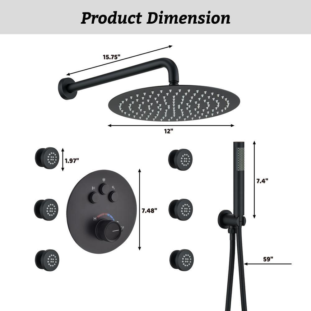 CASAINC Wall Mounted Thermostatic Complete Rainfall Shower System with 6 Body Jets and Rough-in Valve CS6823-12MB