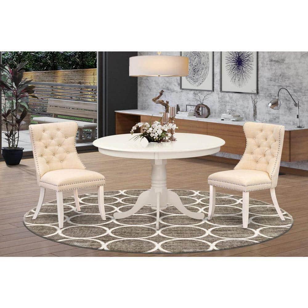 East West Furniture 3 Piece Dining Room Table Set Contains a Round Kitchen Table with Pedestal