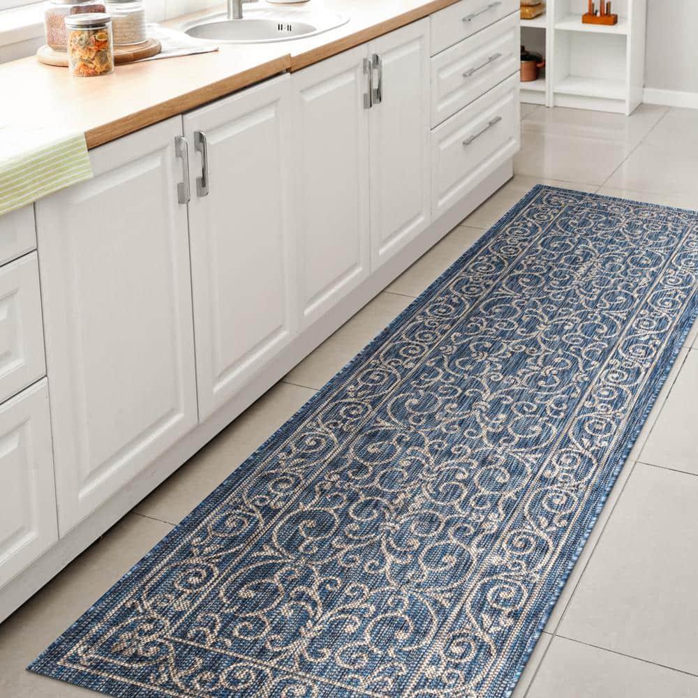 2'x8' Charleston Vintage Filigree Textured Weave Indoor/Outdoor Runner Rug, Navy/Gray - JONATHAN Y