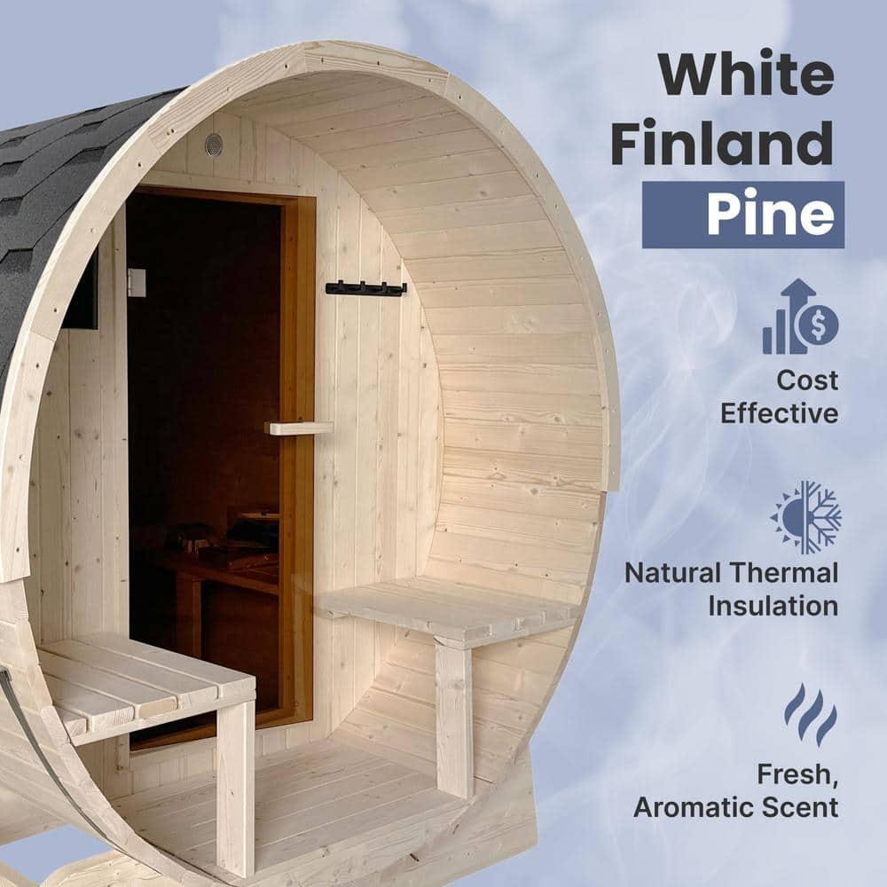 ALEKO Outdoor or Indoor White Finland Pine Wet Dry Barrel Sauna - Front Porch Canopy - 8 kW UL Certified KIP Harvia Heater -6-8 Person