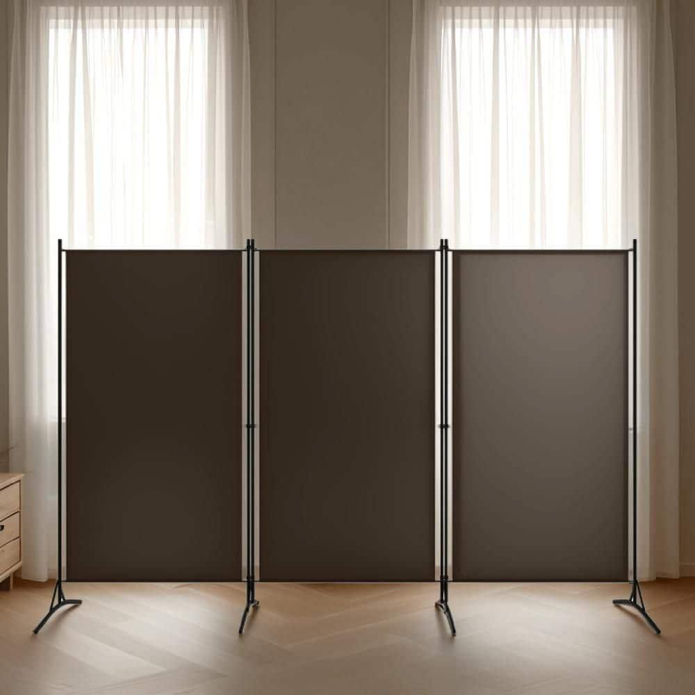 Benjara BM326420 102 in. Dina 3 Panel Room Divider Screen, Brown Fabric & Black Iron