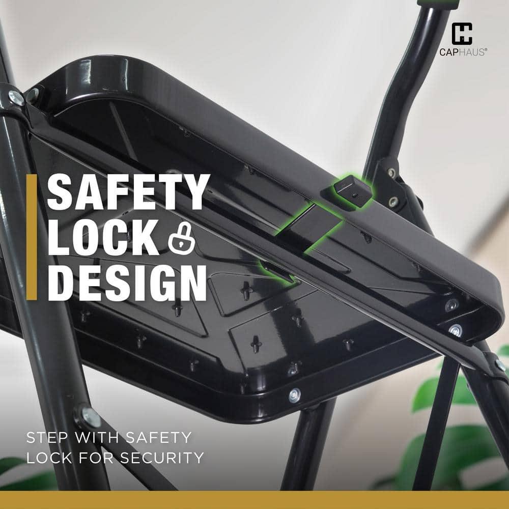 CAPHAUS 2-Step Ladder, Portable Folding Step Stool with Extra Wide Anti-Slip Pedal, Heavy Duty Foldable Small Step Ladder with Hand Grip, ANSI A14.11 Certified Sturdy Step Stool, Black