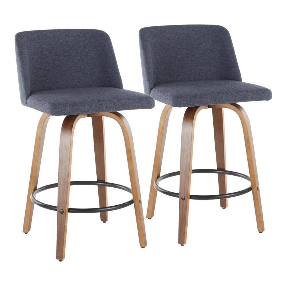 Set of 2 Toriano Mid-Century Modern Counter Height Barstools Walnut/Blue - LumiSource: Swivel, Polyester Upholstery, Wood Legs