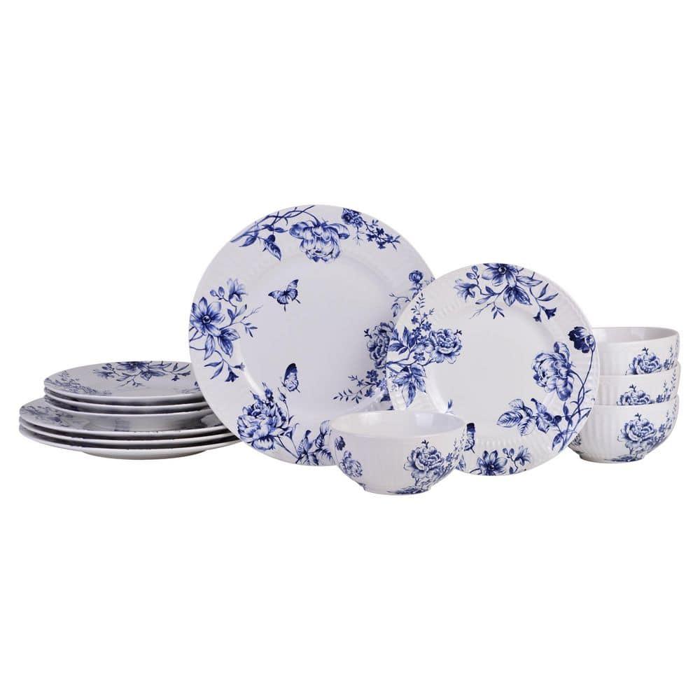 222 Fifth 222 Fifth Cassian Embossed Toile Blue Porcelain Dinnerware Set - Service For 4 (Set of 12)