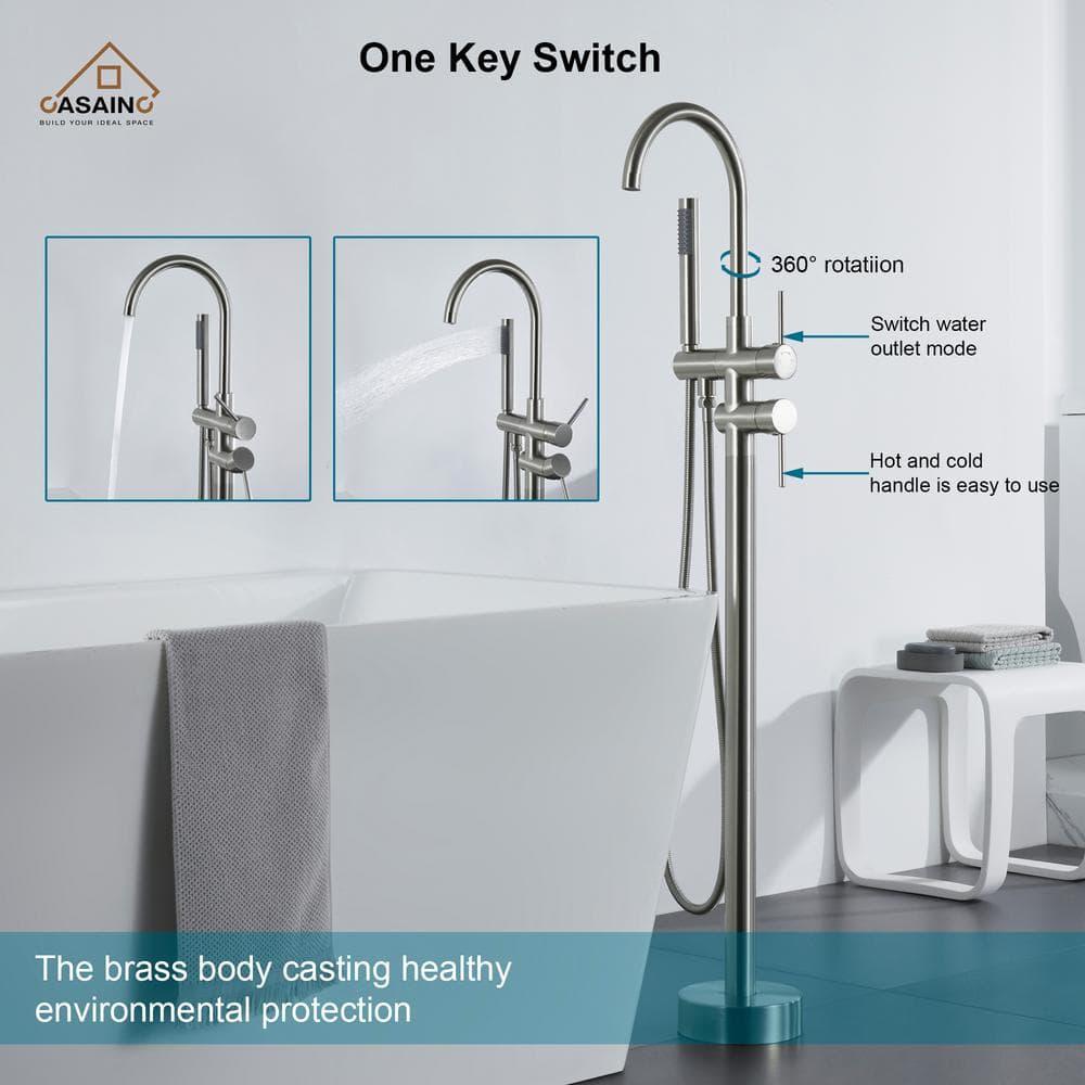Double Handle Floor Mounted Freestanding Tub Filler With Handshower