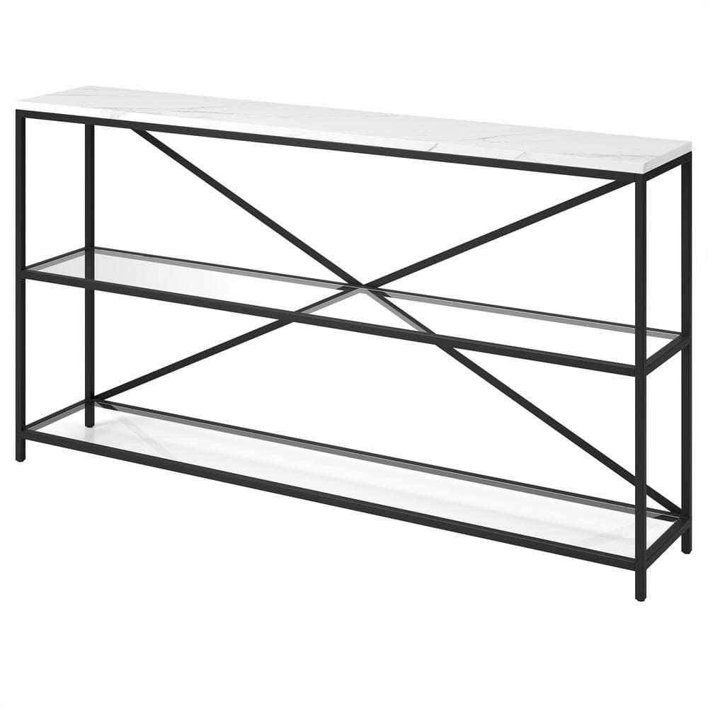 Evelyn&Zoe Fionn 55" Wide Rectangular Console Table with Faux Marble Top, Blackened Bronze