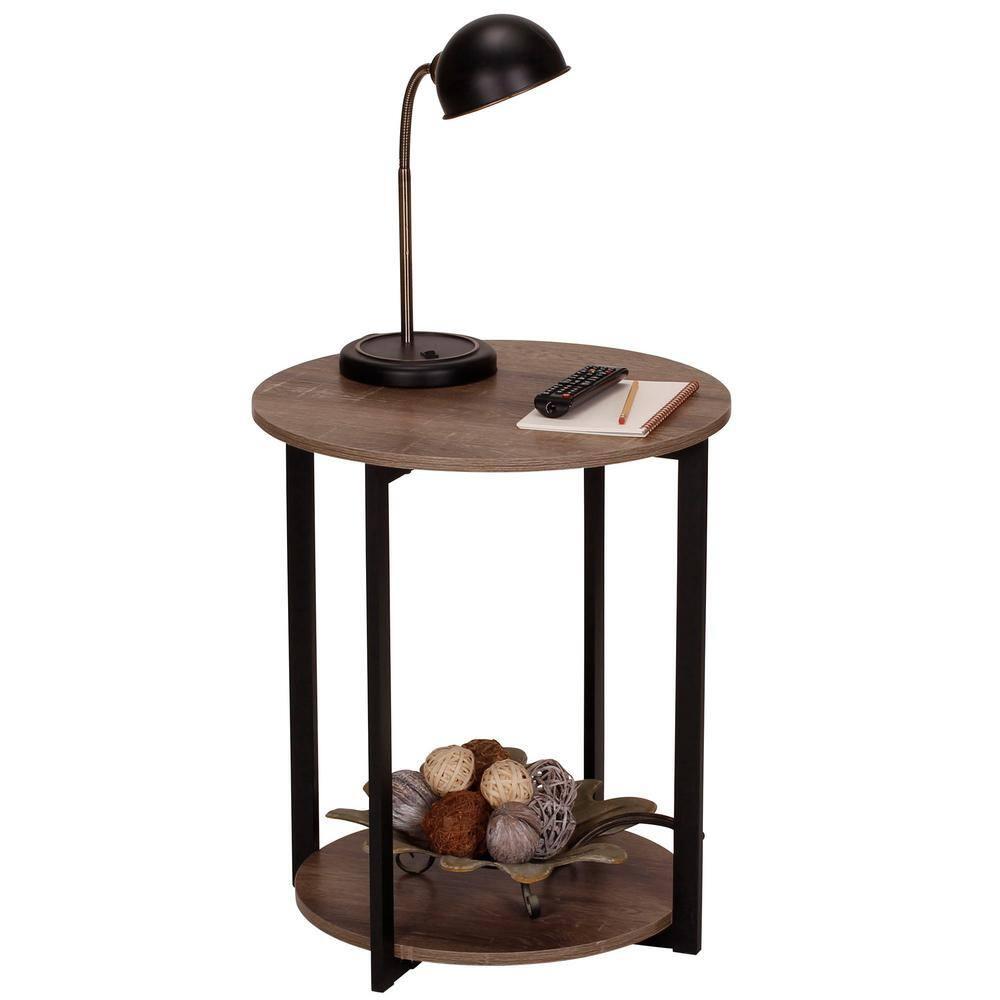 Household Essentials Jamestown Round End Table Ashwood: Modern Minimalist, Iron Frame, Particle Board