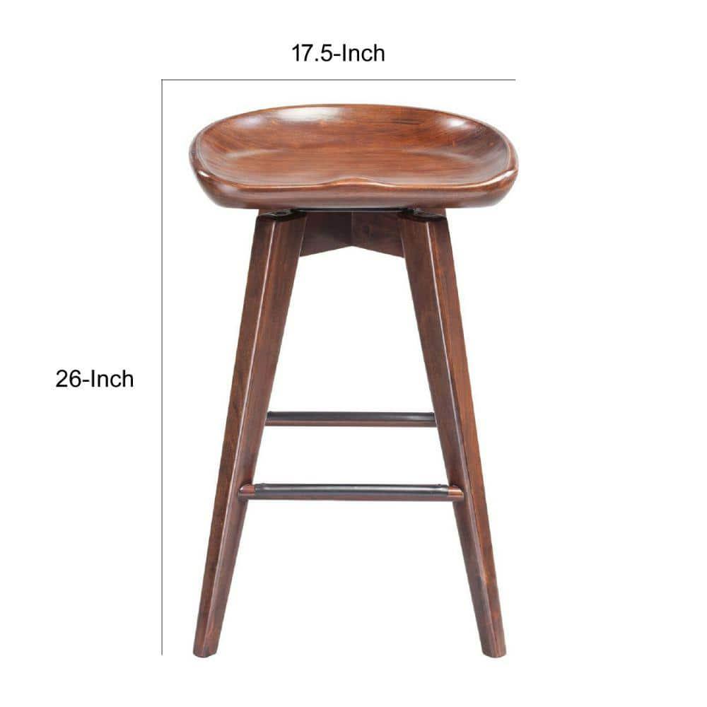 Esme 24 Inch Swivel Counter Stool, Contour Seat, Wood, Tapered Legs, Brown