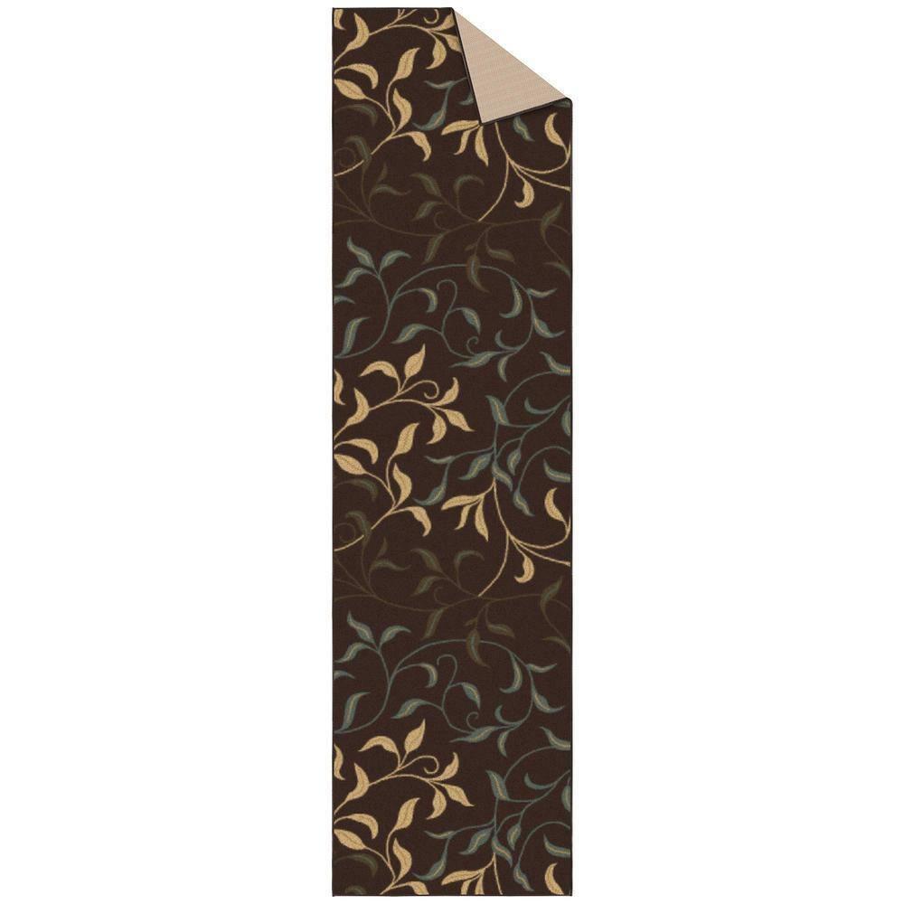 Ottohome Non-Slip Leaves Area Rug For Living Room, Hallway Runner, Entryway Rug, Brown