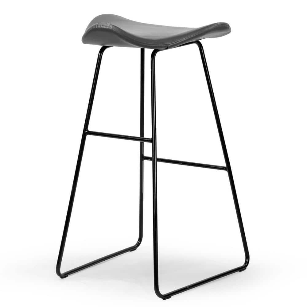 Glamour Home Set of 2 Aoi Grey Faux Leather Backless Barstool with Black Metal Legs