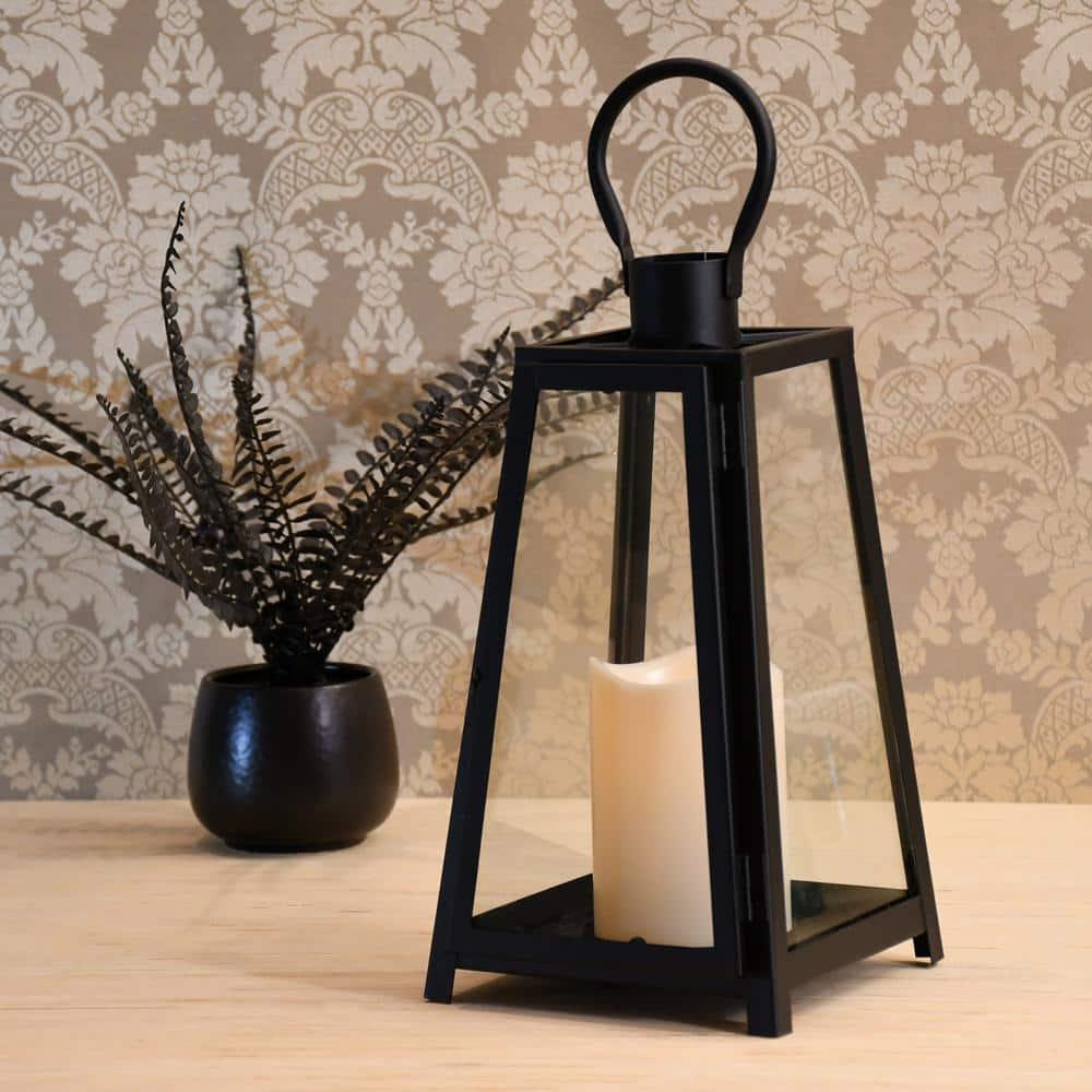 The Holiday Aisle® Black Tapered Metal Lantern with Battery Operated Candle