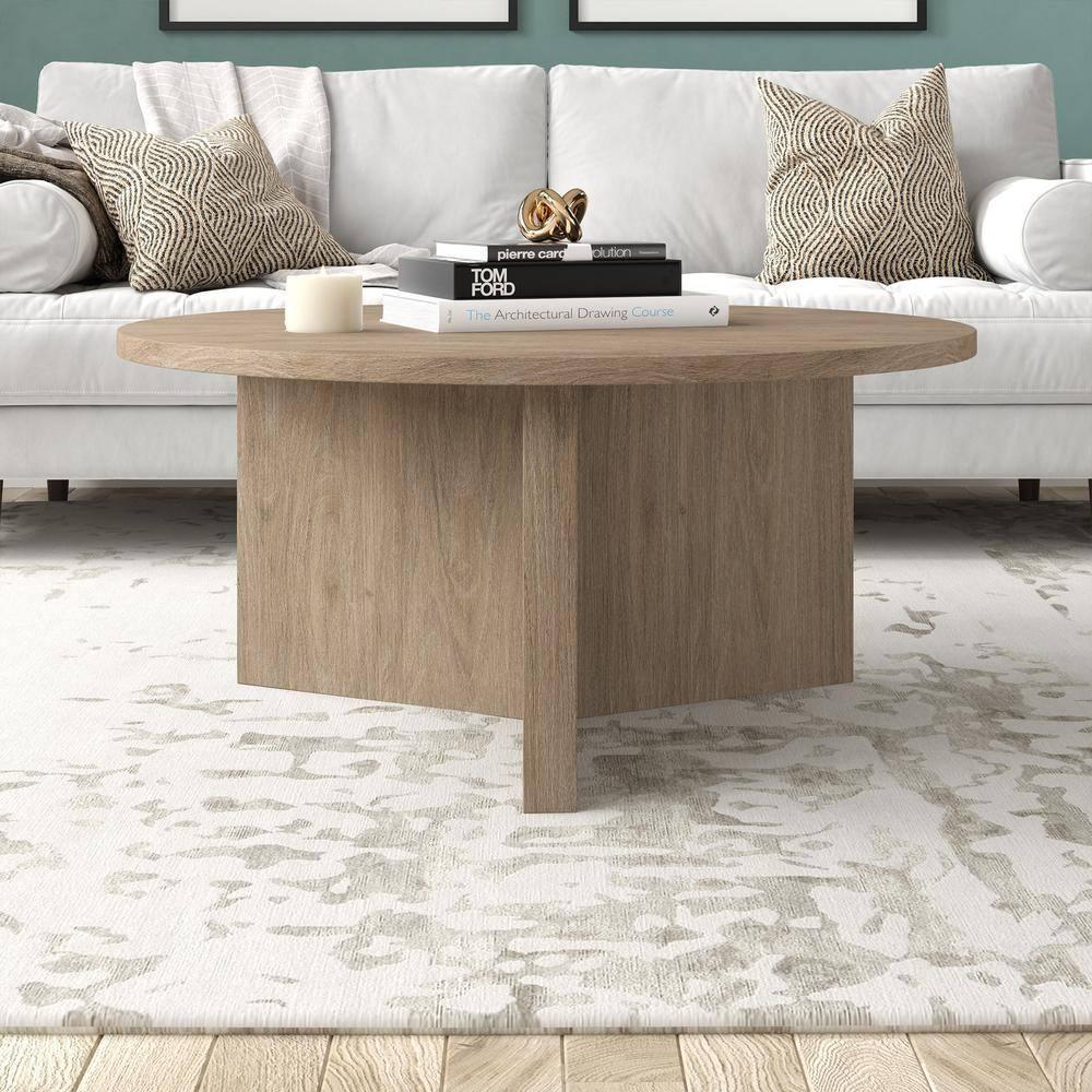 Evelyn&Zoe Anders 36" Wide Round Coffee Table, Antiqued Gray Oak
