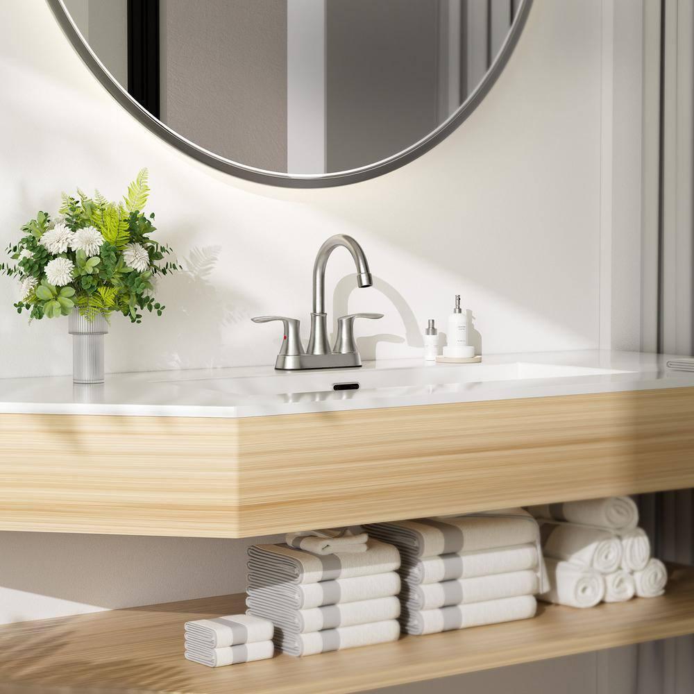 Phiestina 4 Inch 2 or 3 Hole Brushed Nickel Bathroom Sink Faucet RV Swivel 2 Handle Centerset Bath Vanity Faucet, with Water Supply line & Metal Pop-up Drain,TY36-BN