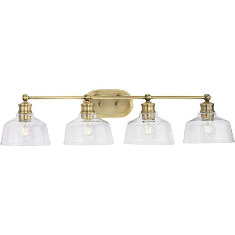 Progress Lighting Singleton 4-Light Vanity Fixture, Vintage Brass, Clear Glass