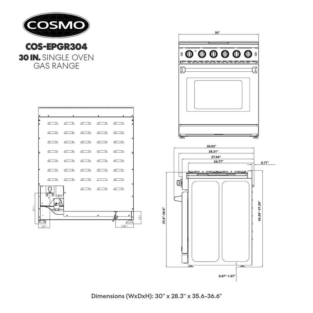 Cosmo 30 in. Haven Collection 4.5 cu. ft. Gas Range with 5 Sealed Burners, Convection Oven, Knob LED Lights, Stainless Steel