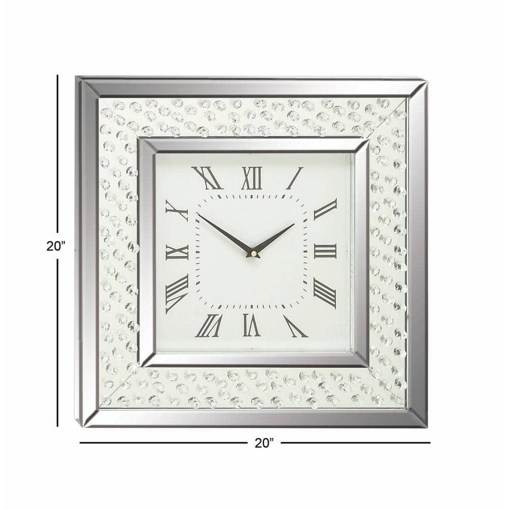 Wood Mirrored Wall Clock with Floating Crystals Silver - Olivia & May: Silent, Art Deco Style, Square Shape