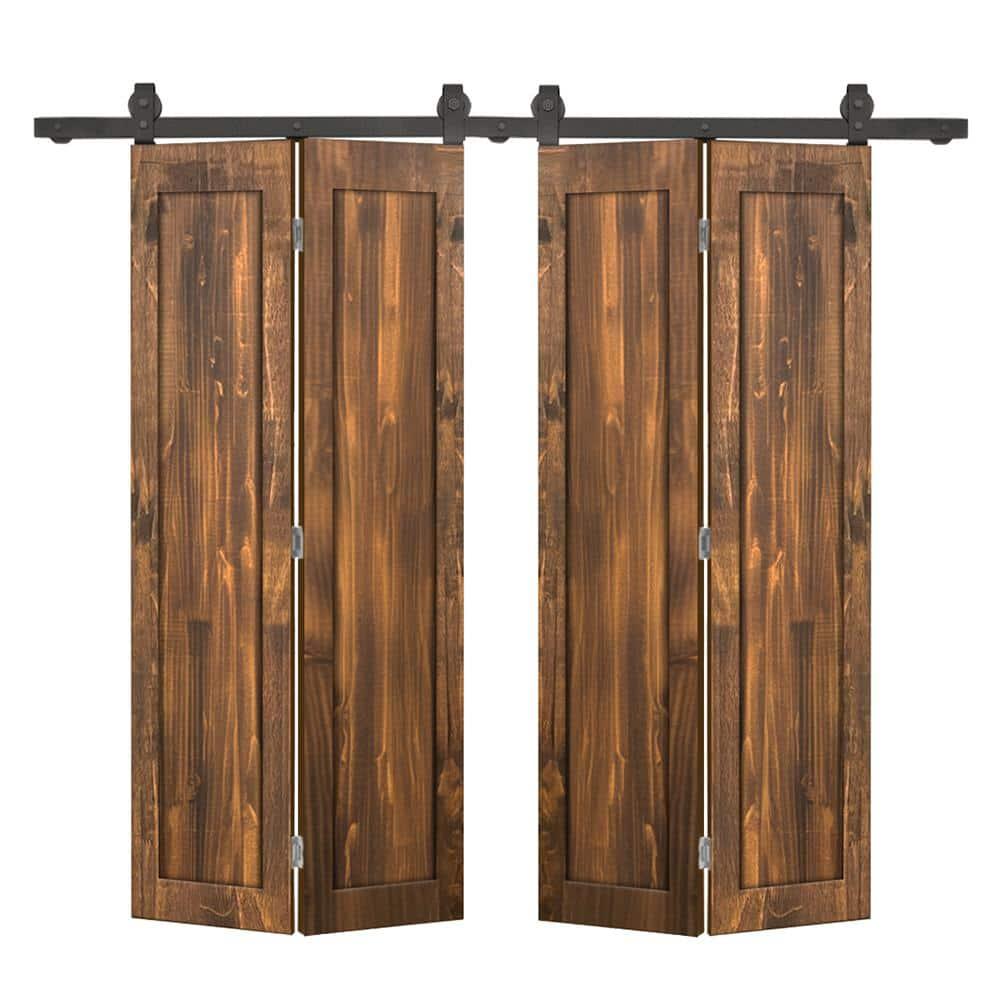 Calhome 1 Panel Shaker Pine Wood Double Bi-Fold Door with Sliding Barn Door Hardware Kit