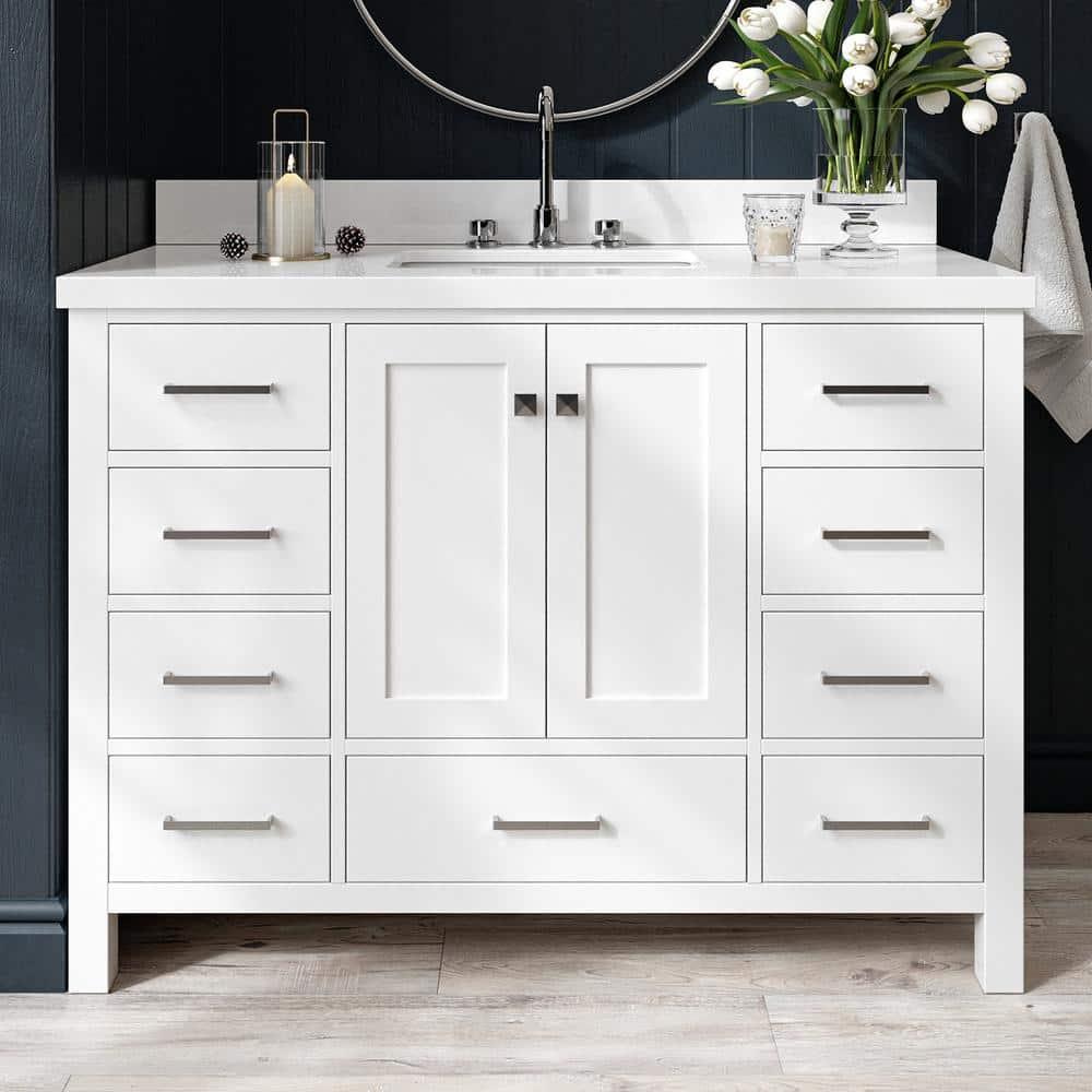 ARIEL 49" Bathroom Vanity with 1.5" Edge Pure White Quartz Countertop & Backsplash, Center Rectangular Sink, 2 Soft Closing Doors, 9 Full Extension Dovetail Drawers, Brushed Nickel - White