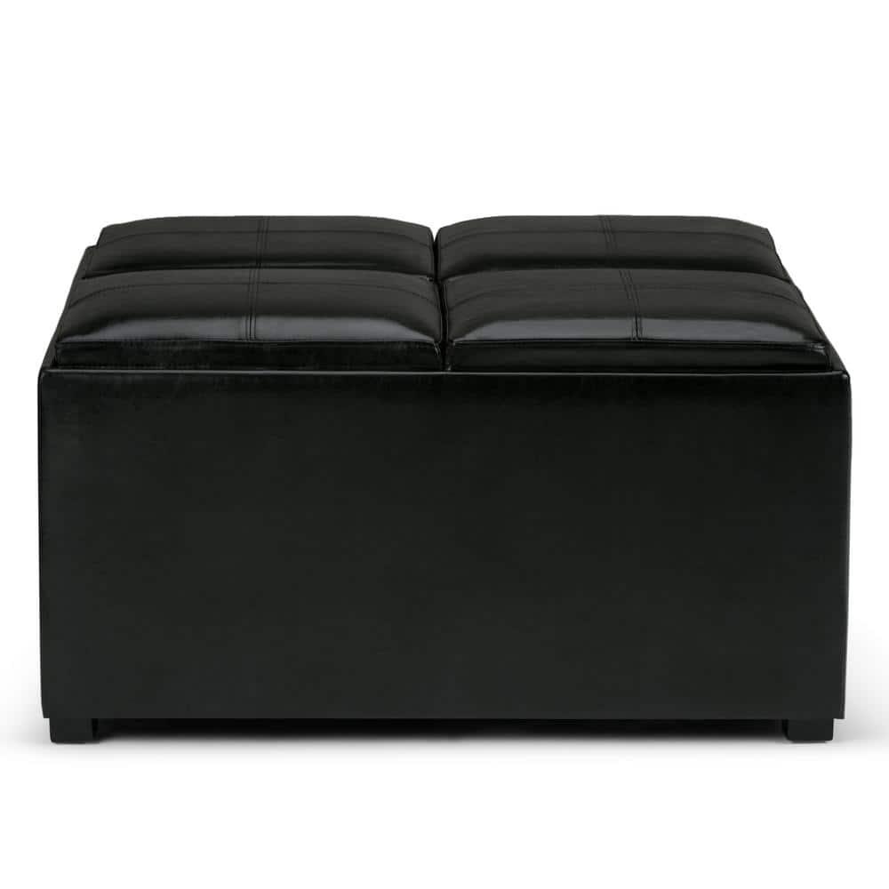 Simpli Home Avalon 35"W Upholstered Square Coffee Table Storage Ottoman with Flip-Over Trays