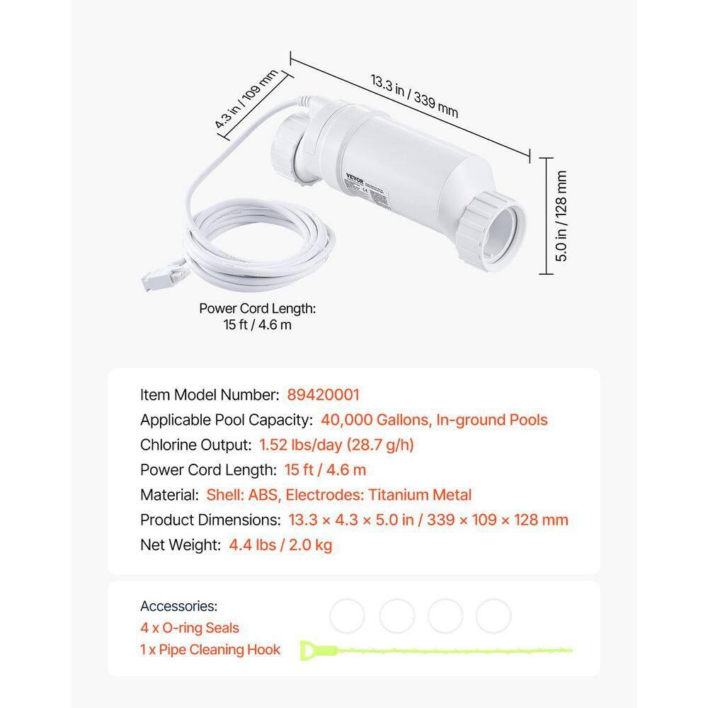 VEVOR Salt Water Chlorinator System, Pool Chlorination Cell Fits for Hayward W3T-Cell-15 (T15), Pool Cell Salt Water System for In-Ground Swimming Pools up to 40,000 Gallons, 15 ft Power Line, White