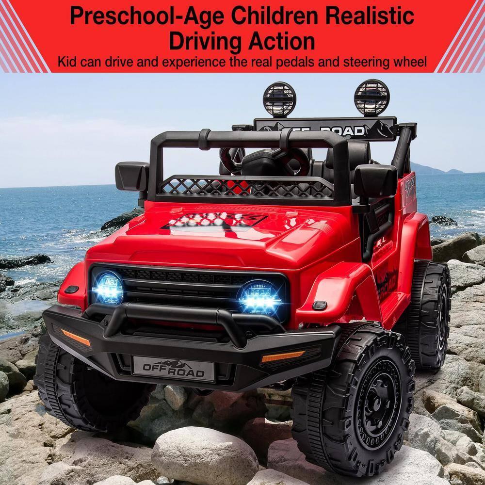 Ride On Truck Car 12V, Electric Vehicle w/Remote Control, 3 Speeds, LED Lights, Music, Spring Suspension, Ride on Car for Kids
