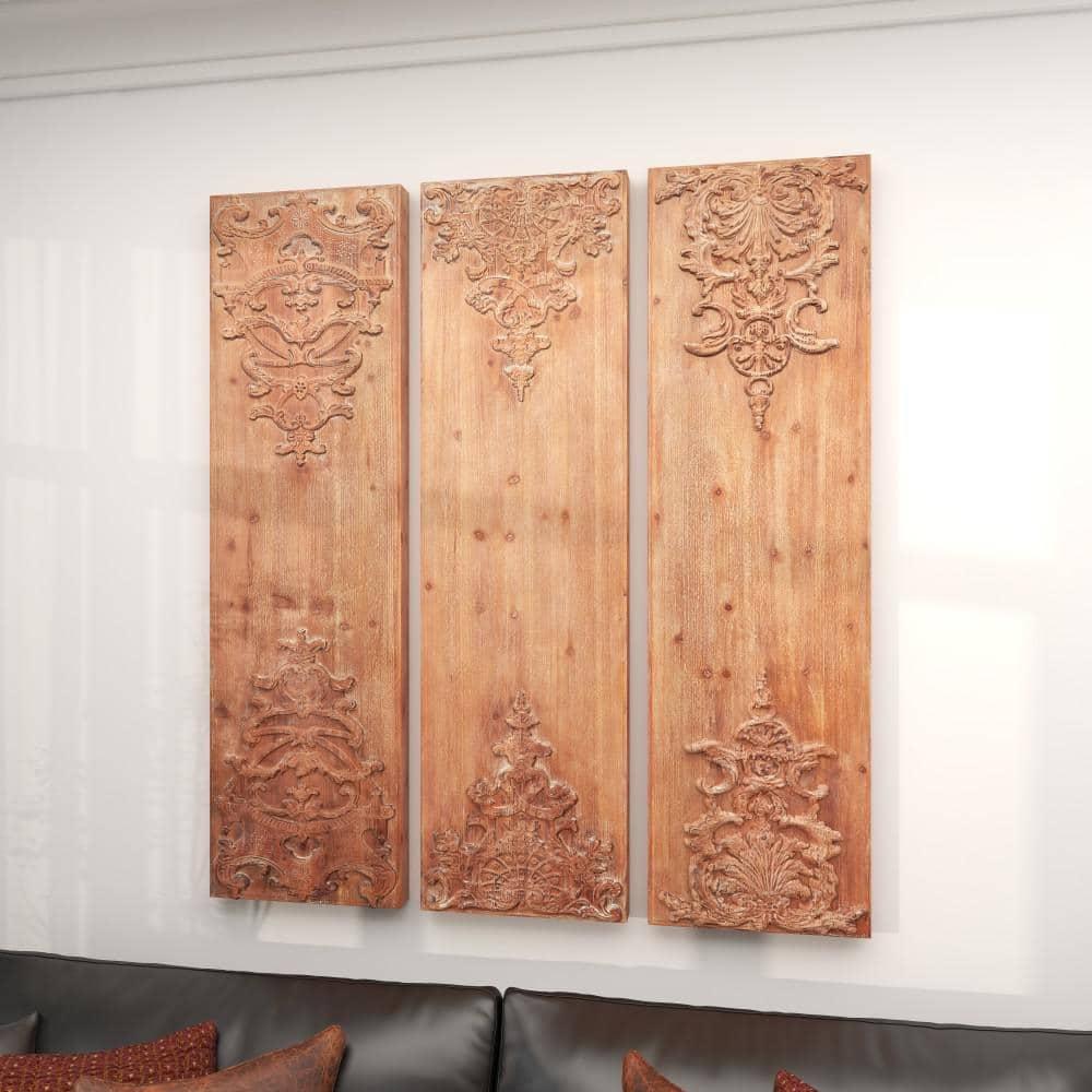 Wood Floral Carved Antefix Wall Decor Set of 3 Brown - Olivia & May: Rustic Style, Indoor Vertical Panels