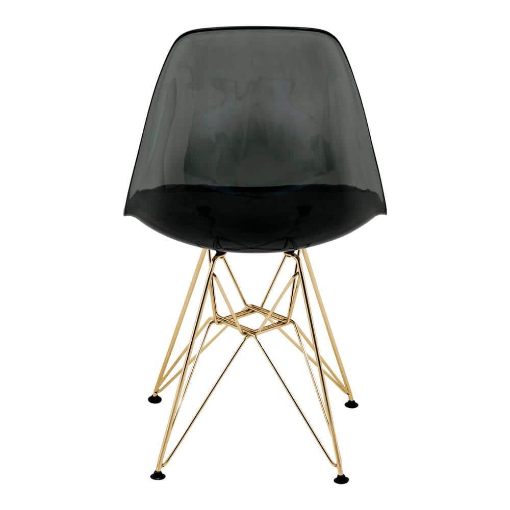 LeisureMod 5-Piece Dining Set with 35" Round Dining Table in White Iron Pedestal Base and 4 ABS Plastic Side Chair with Gold Base, Transparent Black