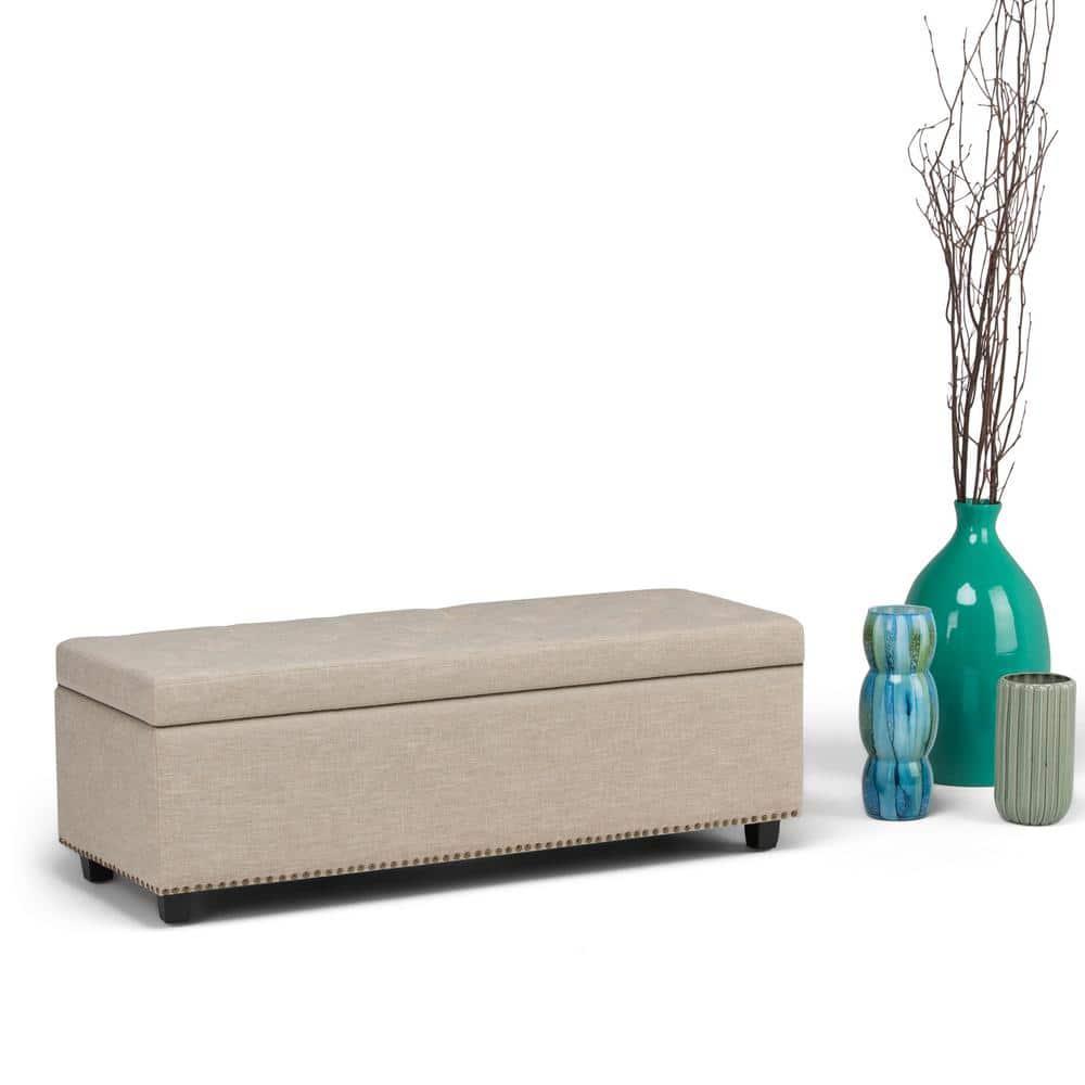 Simpli Home Hamilton 48"W Upholstered Storage Ottoman Bench with Lift-Top Lid, Tufted Design, and Nailhead Trim