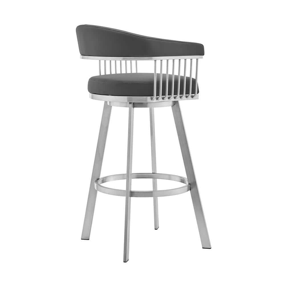 Armen Living Indoor Bronson 29" Gray Faux Leather and Brushed Stainless Steel Swivel Bar Stool