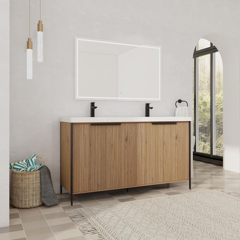 SSLine 60" Bathroom Vanity with Double Sink Mid-Century Modern Bathroom Sink Cabinet Freestanding Bathroom Vanities with Double White Top Basin and Adjustable Storage Shelves, Natural Brown Stripe