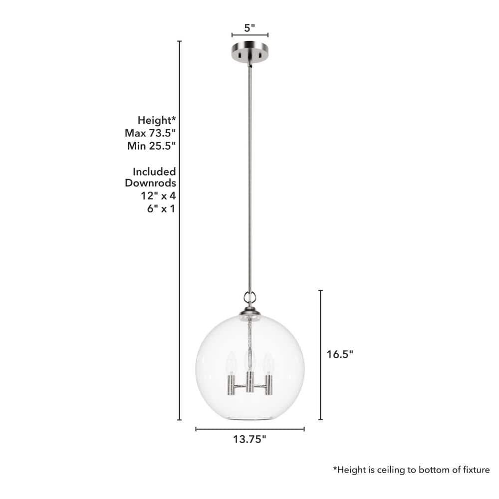 Hunter - High Oaks 3-light Brushed Nickel, Medium Size Pendant Light, Dimmable, Formal Style, Globe Shaped, for Bedrooms, Kitchens, Dining, Living Rooms - 48061