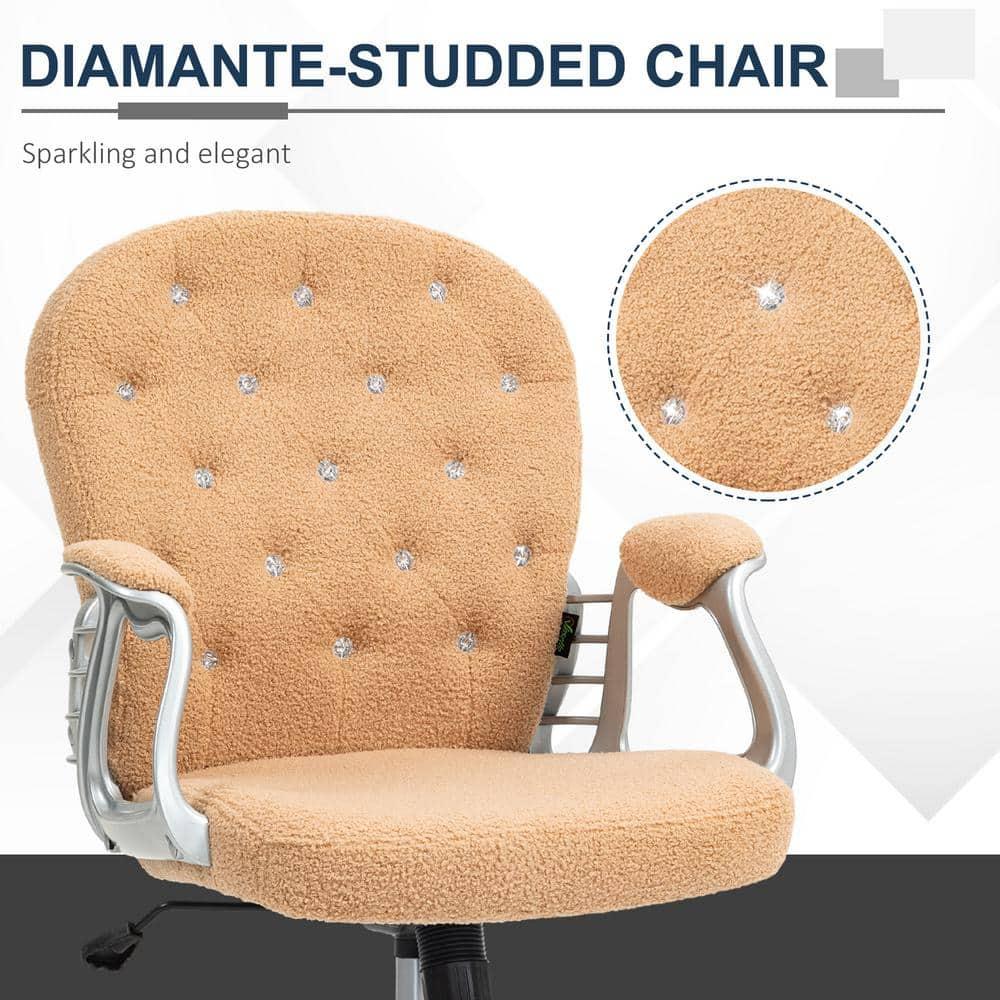Vinsetto Vanity Teddy Fleece Mid Back Office Chair Swivel Tufted Backrest Task Chair with Armrests, Adjustable Height, Rolling Wheels, Khaki