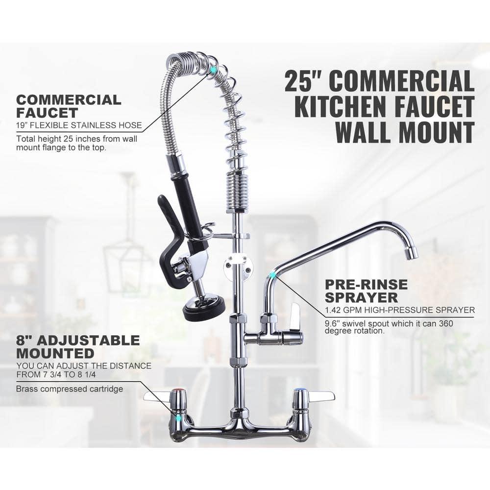 Commercial Kitchen Sink Faucet with Pull Down Sprayer, Pre-Rinse Wall Mount Faucet Chrome Commercial Kitchen Faucets with Sprayer 25" Height Water Faucets with 9.6" Add-on Swing Spout for Restaurant