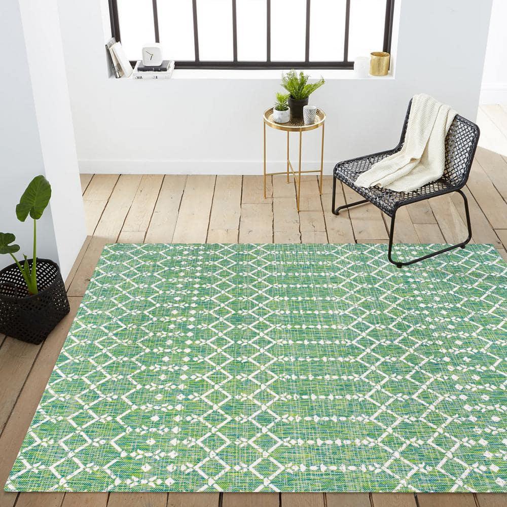 3' x 5' Ourika Moroccan Geometric Textured Weave Indoor/Outdoor Area Rug, Green/Cream - JONATHAN Y