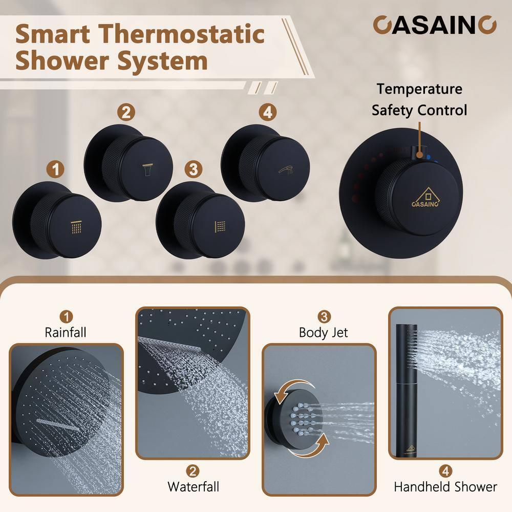 CASAINC KCHS0005-12MB Rainfall Thermostatic Shower System with Body Jets, 2-Sprays Shower Head and a Shelf