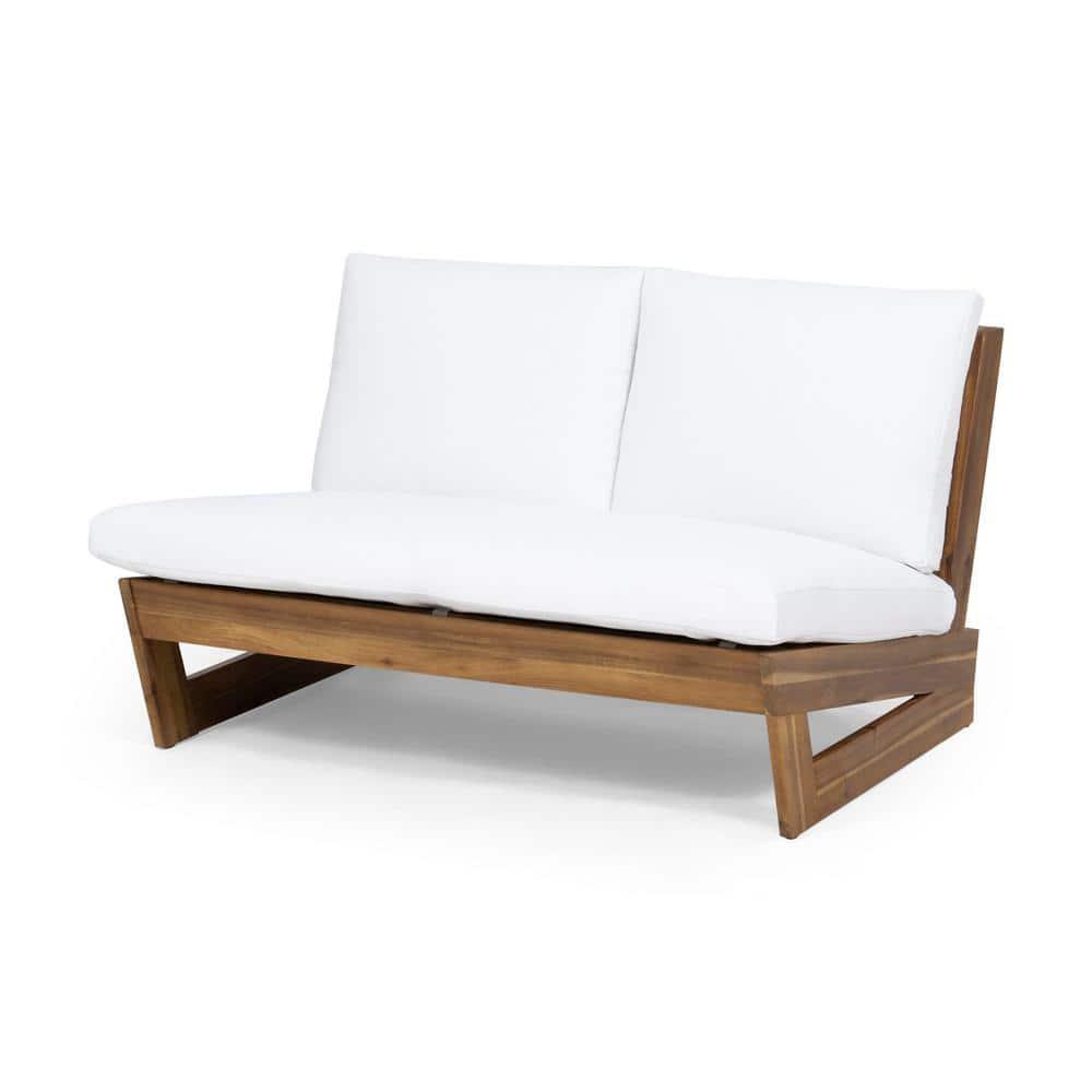 Roy Outdoor Acacia Wood Loveseat with Cushions, Teak and White