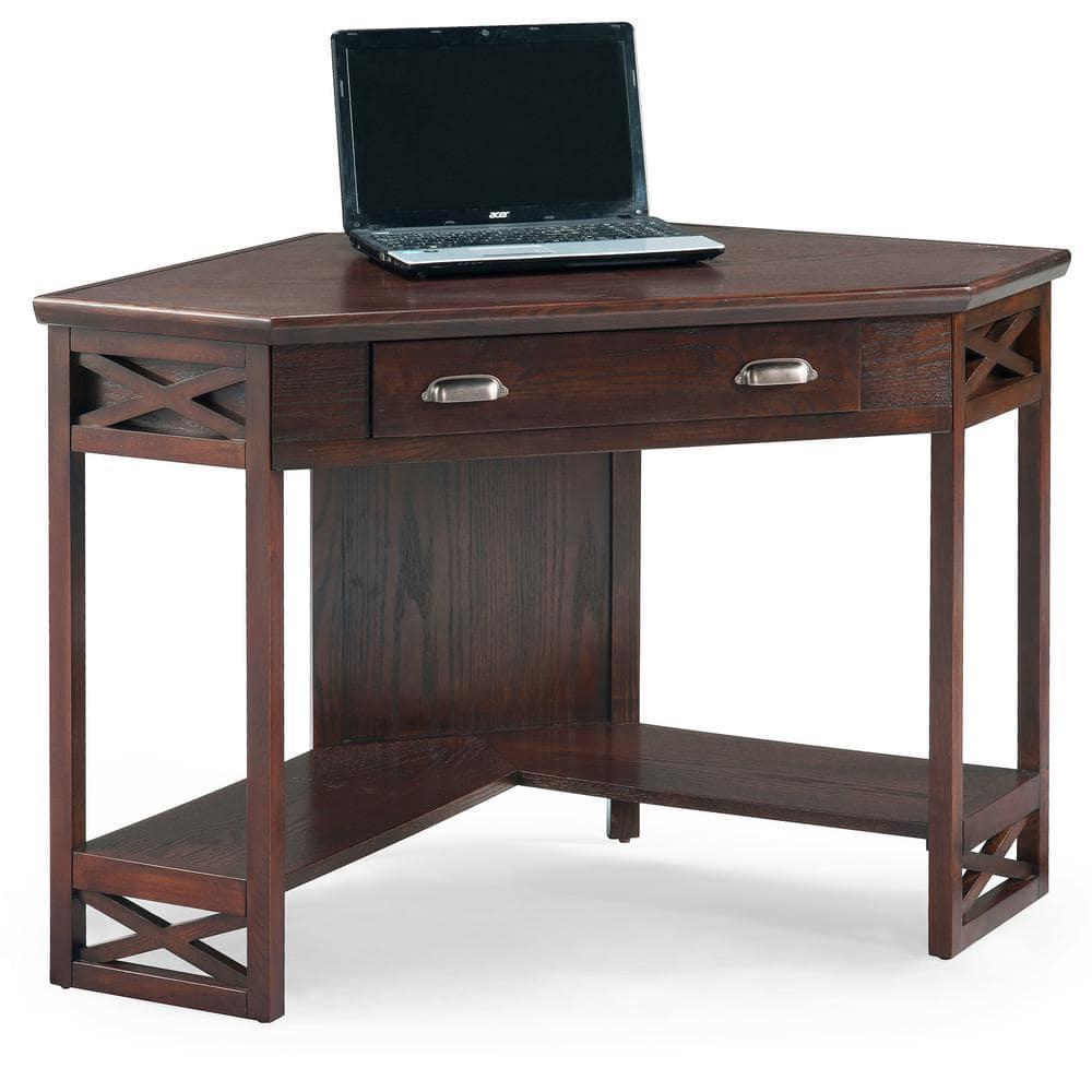 Leick Home 81430 Corner Computer/Writing Desk with Drawer and Shelf, Made with Solid Wood, Chocolate Oak