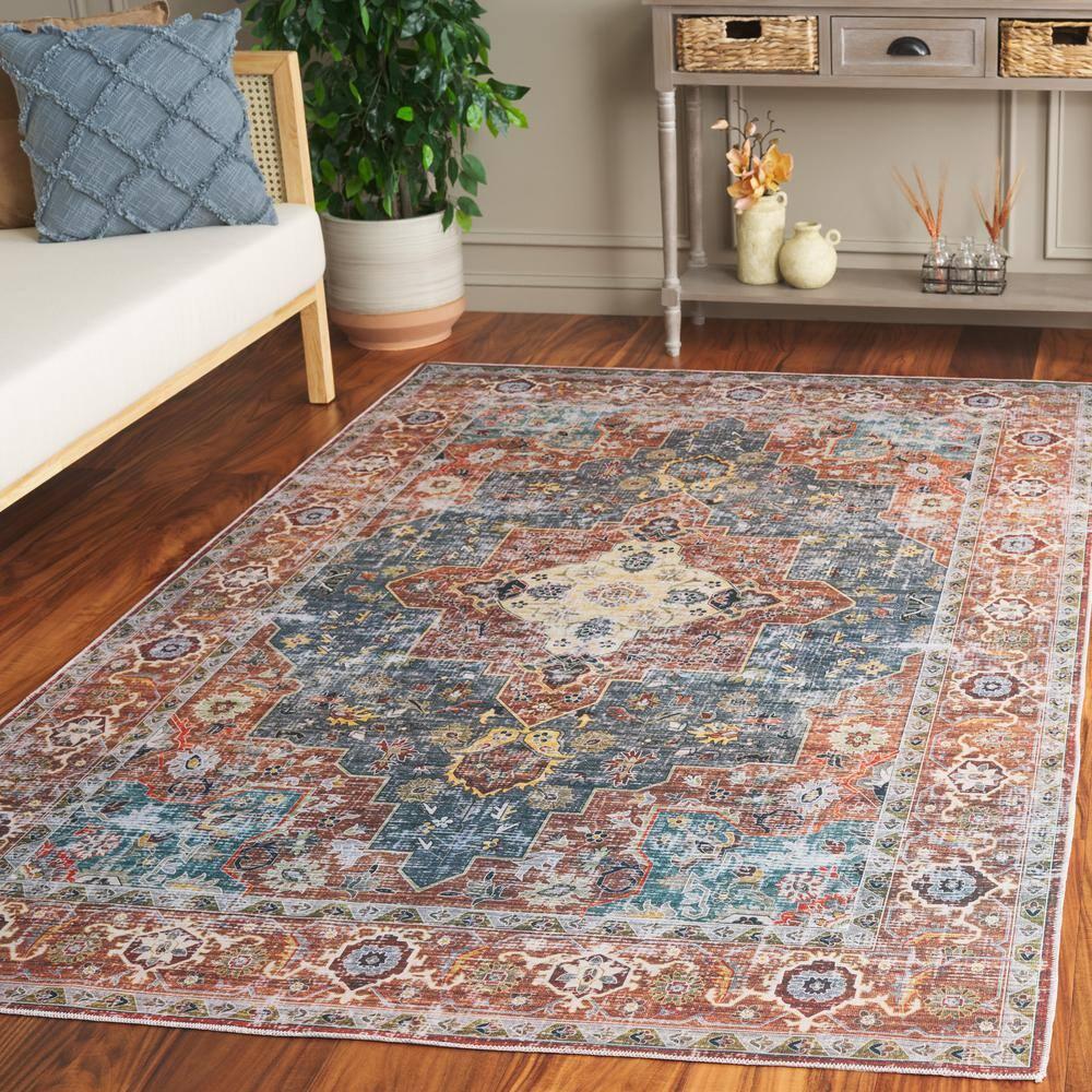 Arizona ARZ126 Power Loomed Machine Washable Area Rug - Rust/Blue Green - 4'x6' - Safavieh.