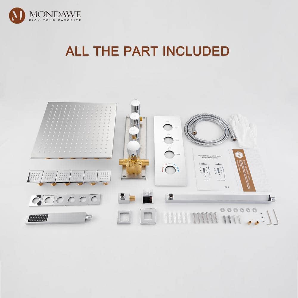 3-Function LED Light Thermostatic Rainfall Shower System with 6 Body Jets and Rough-in Valve